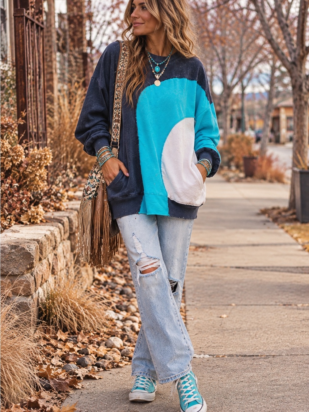 NWT Blue Velvet Oversized Color Block Sweatshirt Navy Turquoise White S